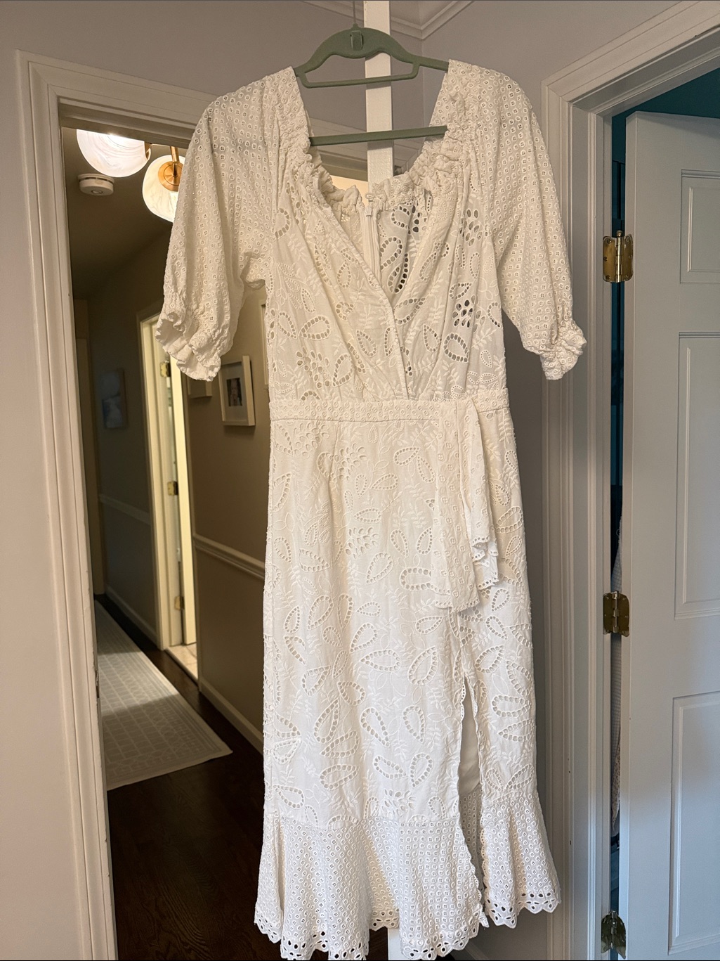 Saloni White Eyelet Wrap Midi Dress With Ruffle Hem